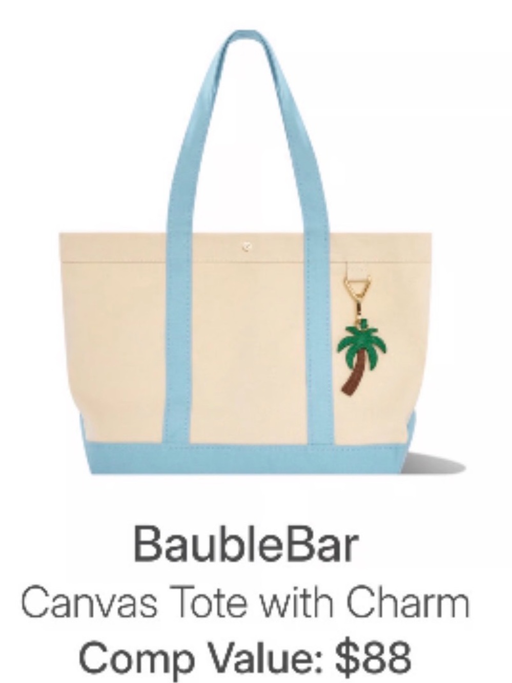 New BaubleBar Canvas Tote with Palm tree Charm in Cream and Light Blue